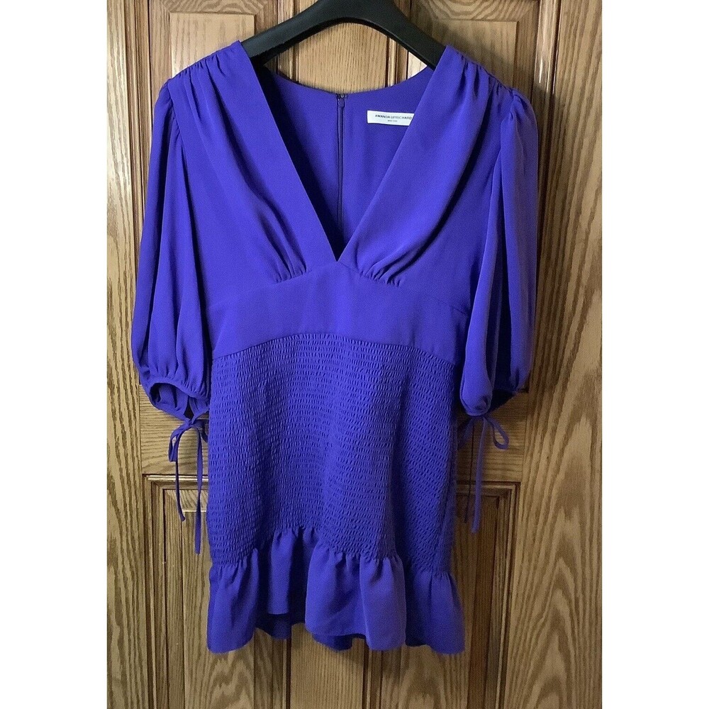 AMANDA UPRICHARD Womens Gala Smocked Mini Dress Large‎ Violet Blue 3/4 Sleeve